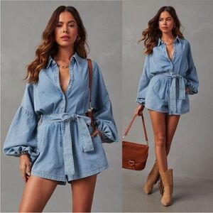 Chic Light Blue Denim Romper with Belt
